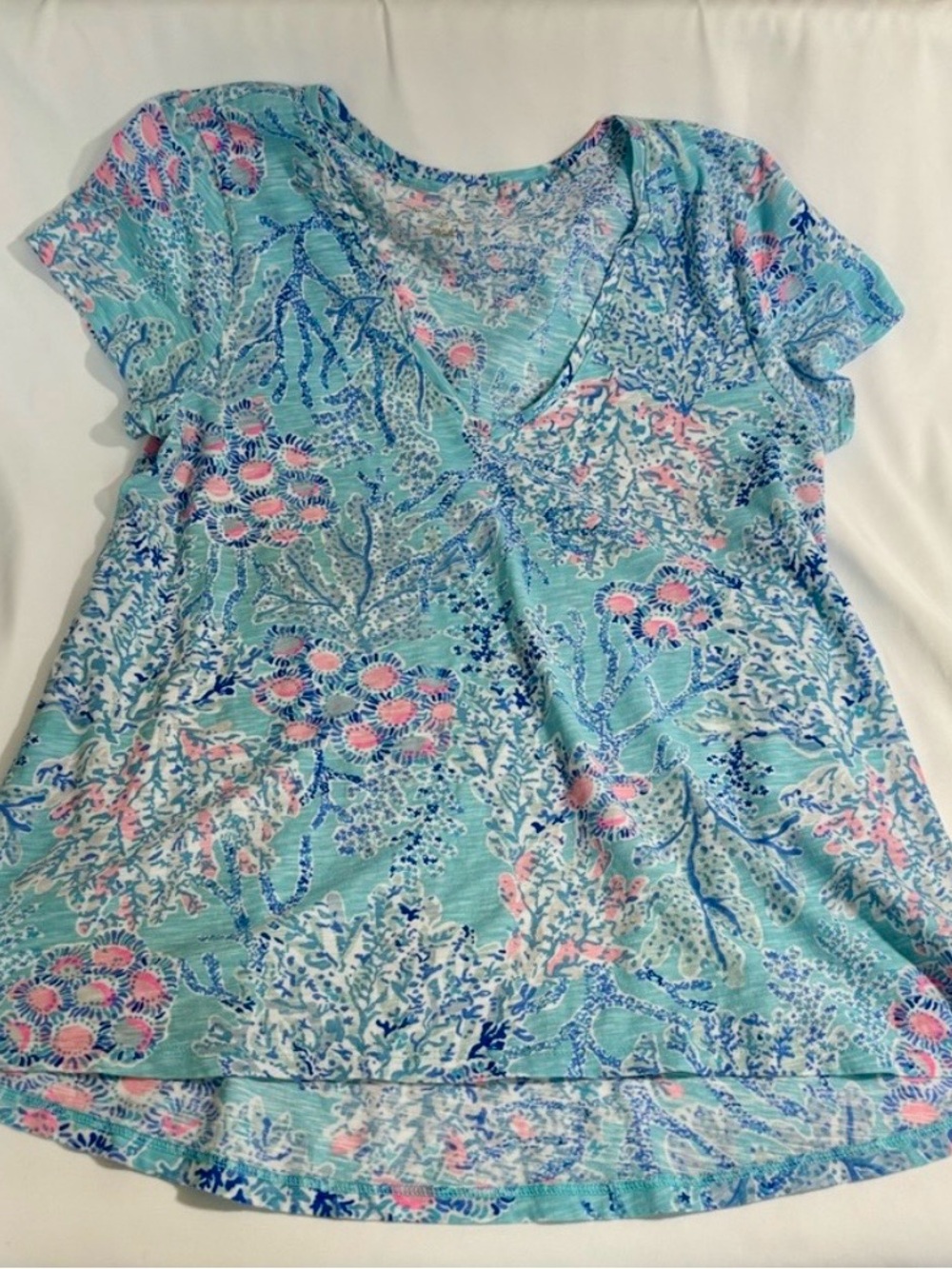 Lilly Pulitzer Blue Pink Floral Flutter Sleeve V Neck Blouse Size M